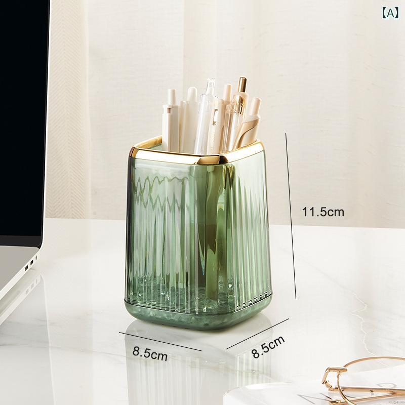 デスクトップ 収納ボックス 透明 プラスチック 文具 化粧品 メイクブラシ コーム リモコン 整理 ケース 高級感 クリア 宝石緑 アンバー オフィス 書斎 リビング 浴室 普段使い [2]