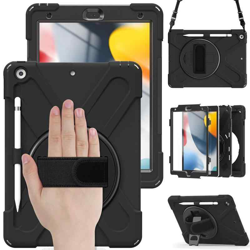 iPad 9th 8th 7th ケース 2021 2020 SIBEITU iPad 10.2 ケース 耐衝撃 衝撃吸収 スタンド ハンドストラップ 肩掛けー ショルダーストラップ 回転 頑丈 仕事