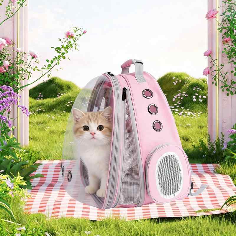 ペット キャリーバッグ 透明 ドーム型 前後拡張式 猫 リュックサック スペース 通気性 PVC セミハード 大容量 無地 軽量 携帯 グレー ブラック ピンク 外出 散歩