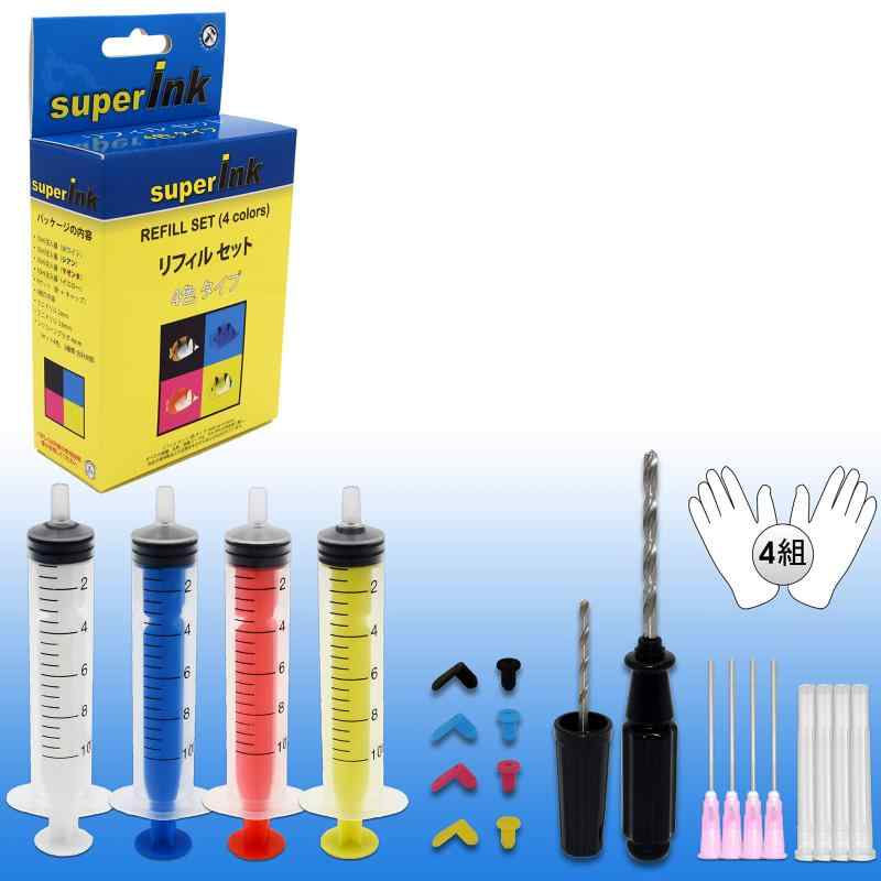 superInk リフィル セット(4/5/6色) インクカートリッジ補充用アクセサリーセット(キヤノン エプソン ブラザー HP リコー) 4/5/6色の10ml注入器 + 4-6組の手袋 + ミニドリル 2mm + ミニドリル 3.6mm