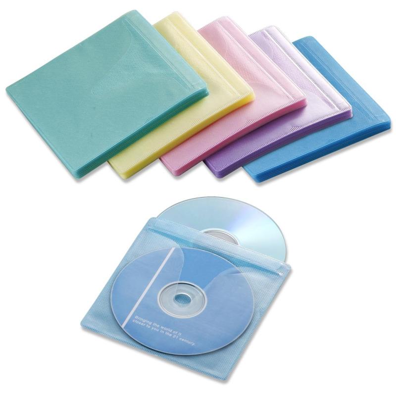 CD・DVD用不織布ケース 両面収納 100枚 5色ミックス インデックスカード付 200-FCD008軽くて薄い不織布DVD・CDケースです。100枚入りで、1枚のケースに2枚収納できる両面収納タイプですので、最大200枚のDVD・CDを収納できます。ジャケットカードが収納可能です。表にCD、裏にジャケットカードというような収納をおこなうことができます。検索に便利なインデックスカードがついています。DVD・CDの落下＆飛び出し防止用にディスクストッパーが付いています。