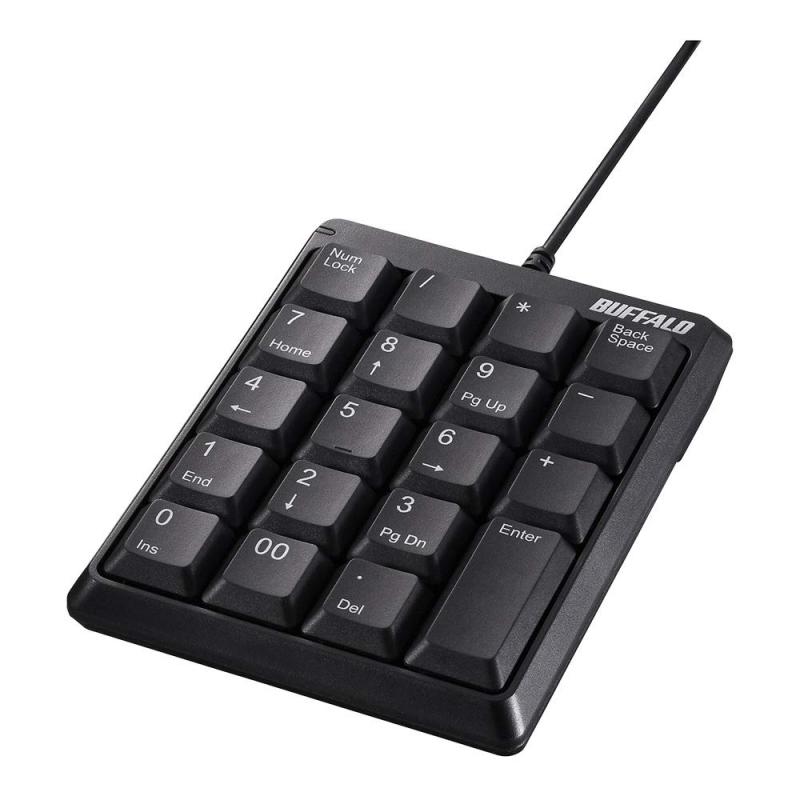 バッファロー テンキー 有線 ブラック B110BKナローフレームデザイン採用でコンパクト桁数の多い数字入力に便利な「00キー」を搭載使いやすさを追求した形状デスクトップパソコンと同じキーピッチ19mm採用NumLock問題を解決対応機種:USBインターフェースを標準搭載したWindowsパソコンインターフェース:USB-A、ケーブル長:約0.8mキー数:19キー、キーピッチ:19mm、キースイッチ:メンブレン、使用電源:バスパワー本体寸法(幅×高さ×奥行):約86×23×113mm(突起部、ケーブル含まず)、質量:約100g、動作環境 結露なきこと:温度 5℃~40℃、湿度 5%~90%主な付属品:取扱説明書/書