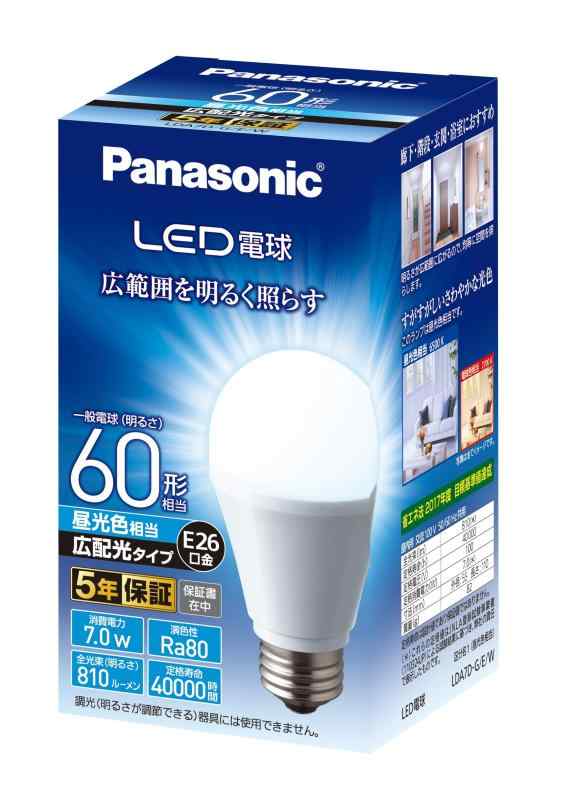 パナソニック LED電球 口金直径26mm 電球60W形相当 昼光色相当(7.0W) 一般電球・広配光タイプ 1個入り 密閉形器具対応 LDA7DGEW寸法:「外径」55mm「長さ」110mm口金E26光色:昼光色相当配光角180度で広範囲を明るく照らす屋外器具対応●密閉型器具対応調光器対応非対応全光束(ランプ単体の明るさ):一般電球60形相当 810Lm