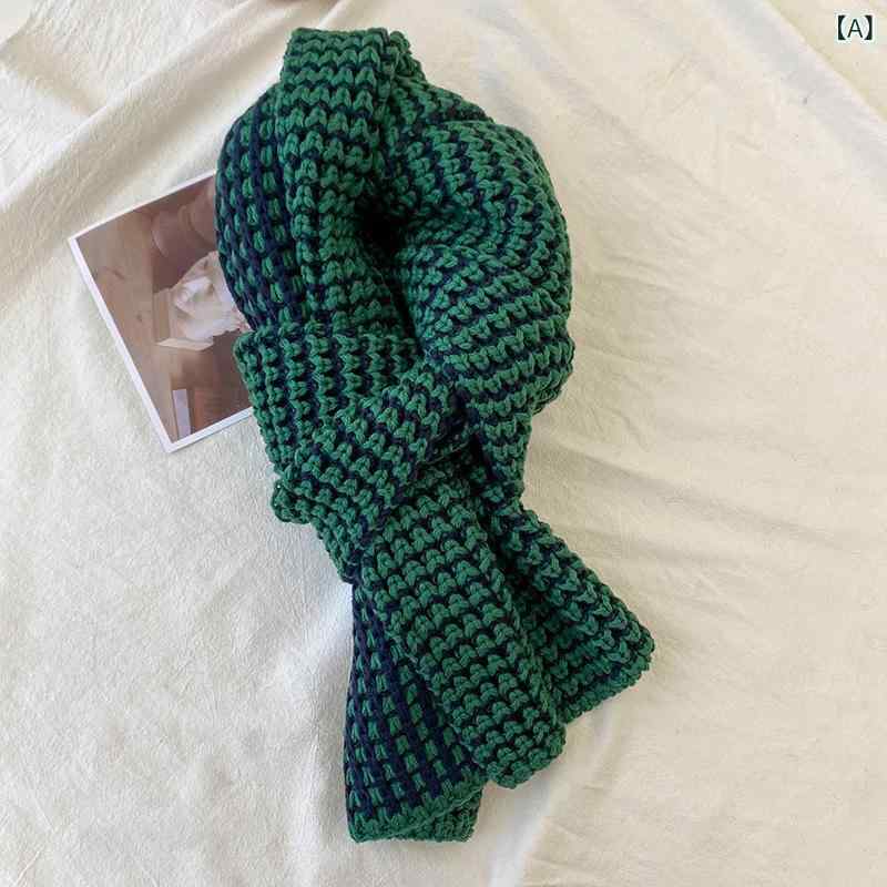 マフラー 男女兼用 ニット 毛糸 ショール スヌード 秋冬用 日韓風 スウィート カジュアル 配色切り替え プレッピー 保温 あったか クリスマスカラー グリーン ピンク系 ミドル丈 通学 通勤 普段使い デイリー