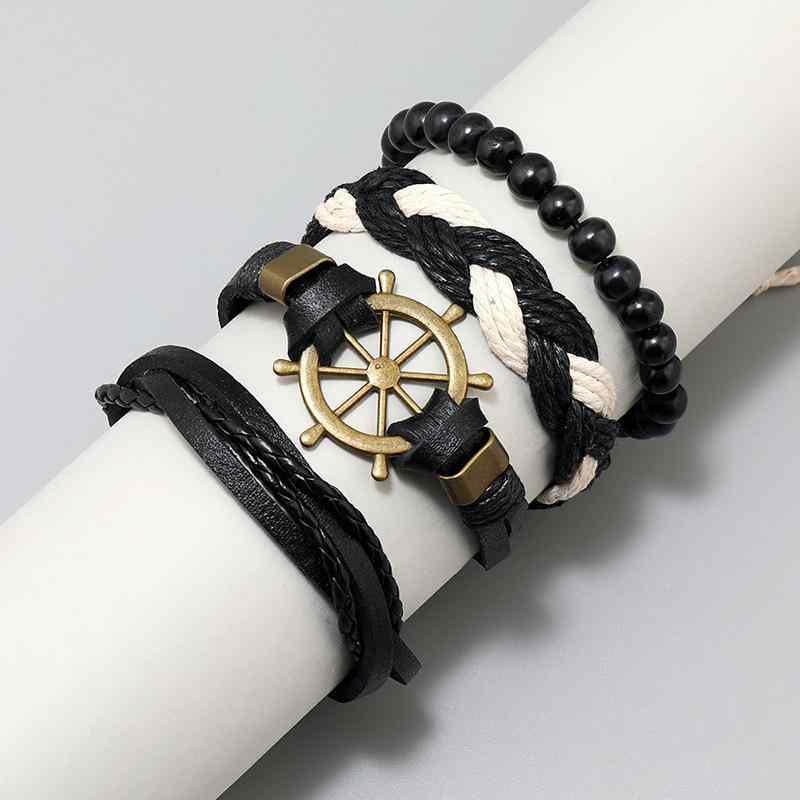 ブレスレット メンズ レディース ジュエリー アクセサリー 手編み レトロ 合成革 フェイクレザー ハンドメイド 幾何学 シンプル カジュアル ファッション 4点セット バングル カフ 腕輪 普段使い 旅行 記念 おしゃれ かわいい