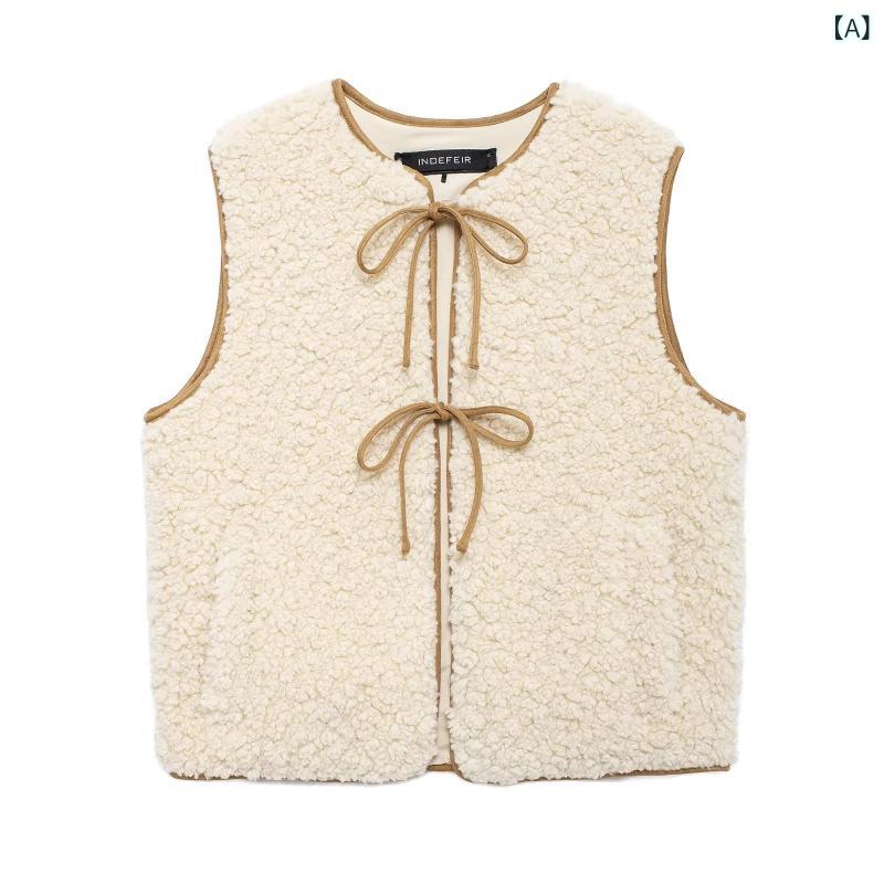 ベスト レディース 秋冬 フリース 紐付き シンプル カジュアル 欧米風 ファッション 着回し スリムフィット ジレ 無地 ラウンドネック レギュラー丈 混紡素材 オフホワイト
