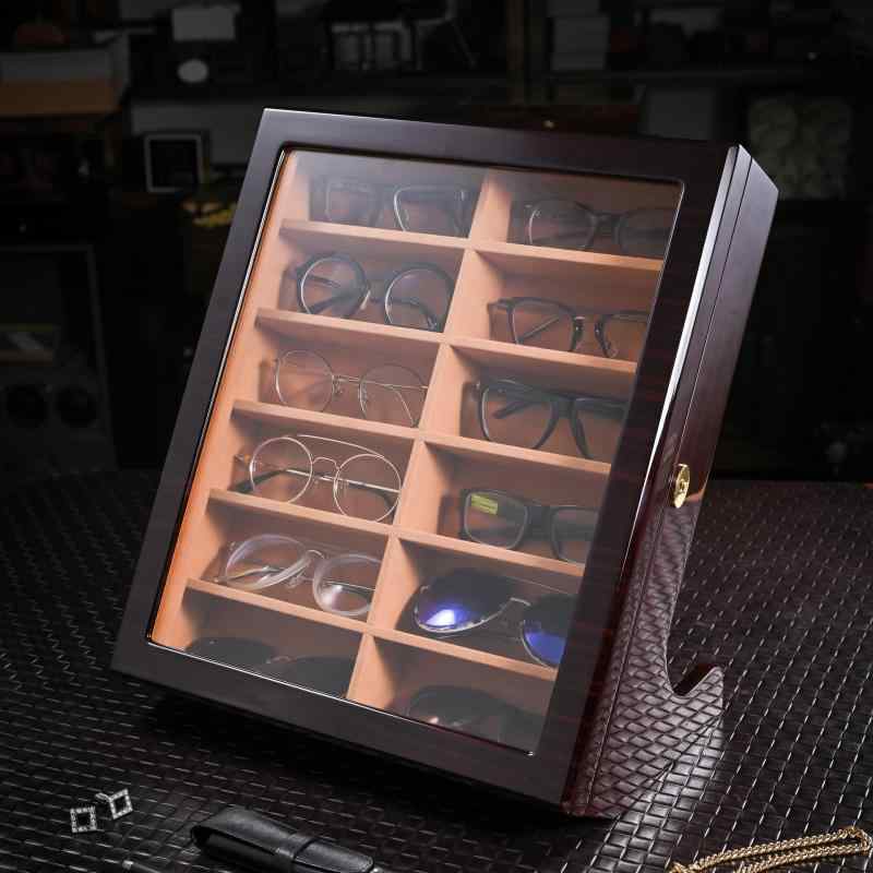 メガネケース 収納ボックス 縦型 12格 サングラス 展示ケース 眼鏡ホルダー 木製 鍵 扉 蝶ネクタイ 収納箱 高級感…