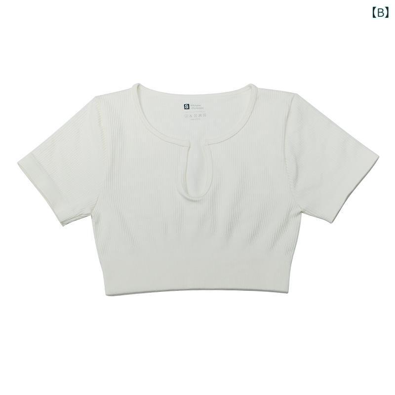 ヨガウェア レディース 半袖 Tシャツ リブ編み シームレス 緊身 タイト フィット ...