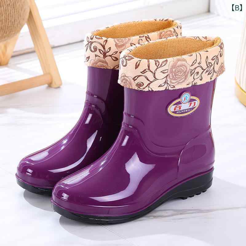 Botas DE lluvia para mujer DE media caña DE PVC fondo grueso cepillado cálido impermeable antideslizante botas DE lluvia antideslizantes para EL invierno todos los días viaje escolar ostra morado azul claro negro — vista 2