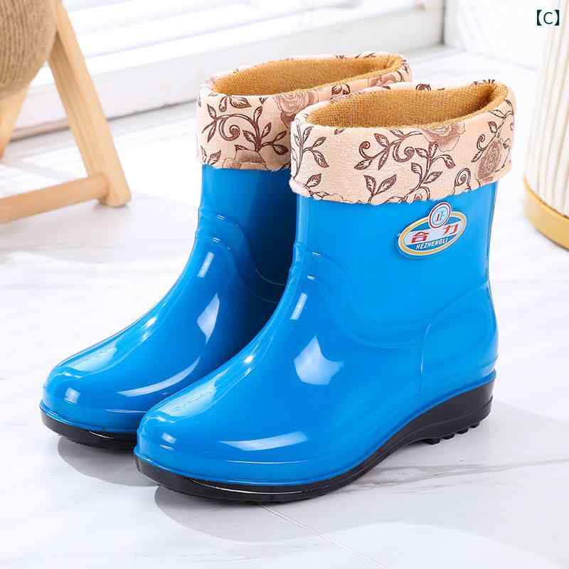 Botas DE lluvia para mujer DE media caña DE PVC fondo grueso cepillado cálido impermeable antideslizante botas DE lluvia antideslizantes para EL invierno todos los días viaje escolar ostra morado azul claro negro — vista 3