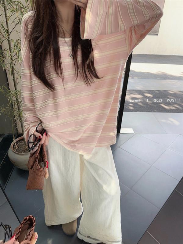 ・カテゴリ: Tシャツ・素材: 綿、ポリエステル・: ストライプ、チェック・加工: パッチワーク・カラー: ピンク・サイズ展開: S, M, L, XL・要素: コントラストカラー・スタイル: カジュアル、爽やかスイート・特徴: プルオーバー、長袖、ルーズ、普通丈、クルーネック、レギュラースリーブ