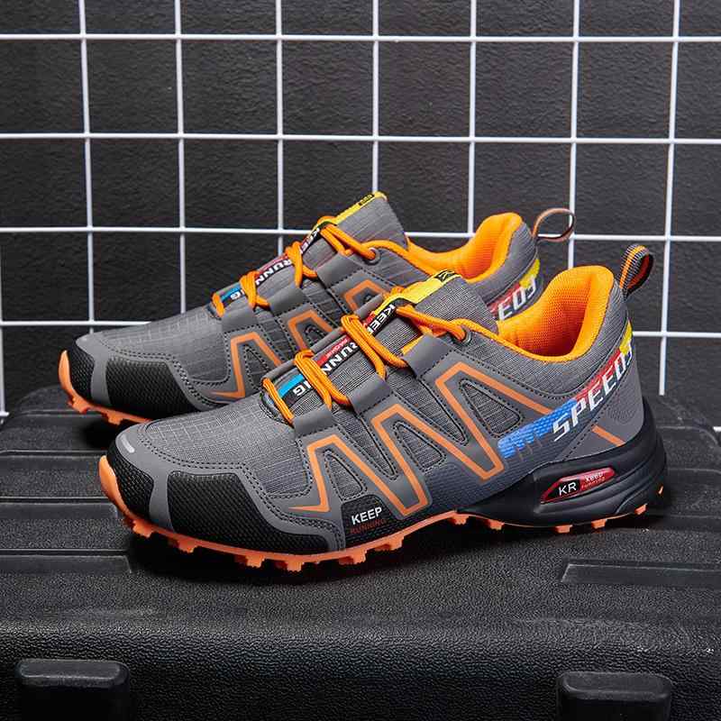 トレッキングシューズ メンズ 登山靴 トレイルランニングシューズ アウトドア ウォーキングシューズ フェイク革 ラバーソール 通気性 軽量 滑り止め 低カット ラウンドトゥ グレーオレンジ ブラック ブルー