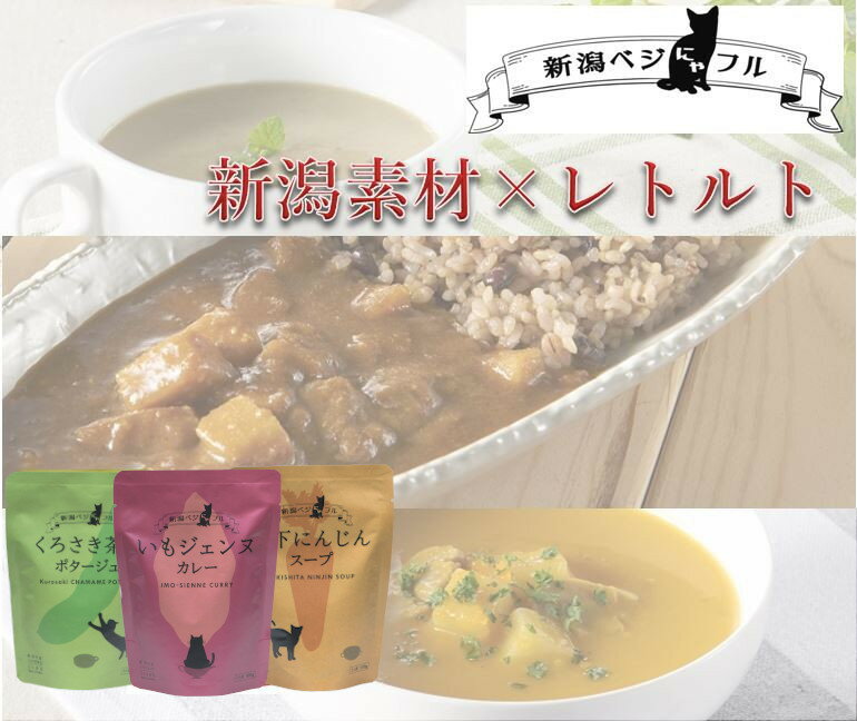 【送料無料】新潟ベジにゃフル お試し3袋セット 【メール便（他商品と同梱不可）】【阿部幸製菓】特別価格 猫好き レトルト 新潟野菜 新潟土産 新潟限定 プレゼント ギフト 贈り物 カレー スープ ポタージュ ヘルシー お洒落 カラフル 買い回り