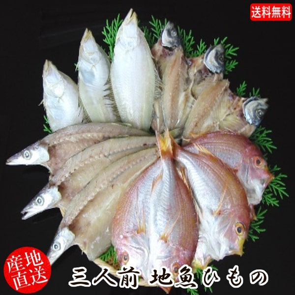 (地域限定送料無料)岡富商店 三人前地魚ひもの(エテかれい3尾・あじ3尾・かます3〜4尾・れんこ鯛3尾) 冷凍 干物セット ギフト 産地直送(sot111)