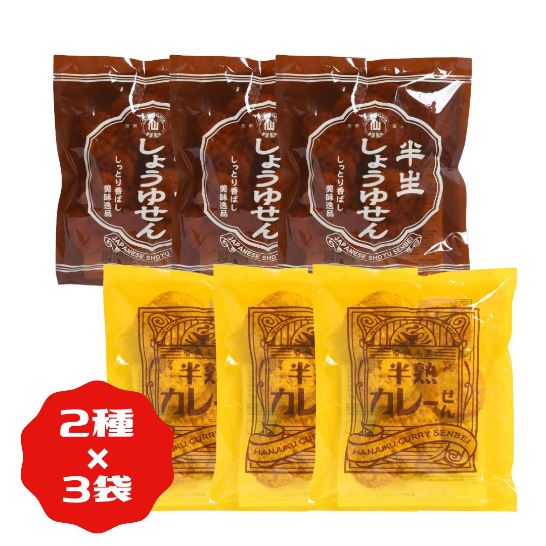 ＜賞味期限：最短 2024/7/16＞2つの味を楽しめる！！【 半生せんべい2種×各6袋 合計12袋 】まるせん米菓 煎餅屋仙七 半熟せんべい 半生煎餅 半熟煎餅 半熟カレーせん ぬれせんべい お茶請け しっとり サクサク お土産 高速道路 サービスエリア