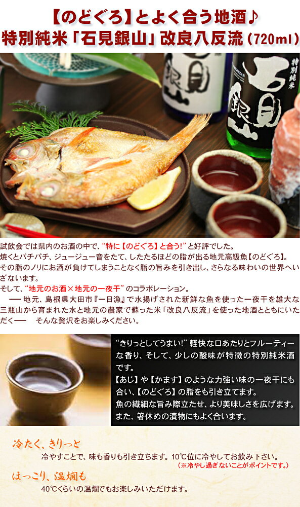 干物 お酒 ギフト お中元 敬老の日 のどぐろ入 専門店 無添加 【送料無料】特別純米「石見銀山」改良八反流（720ml）＆一夜干しセット かれい 鯛 あじ のどぐろ いか 干物セット お酒セット 贈り物 内祝 お祝い 御祝 お礼 誕生日 プレゼント 島根 一宮酒造 岡富商店