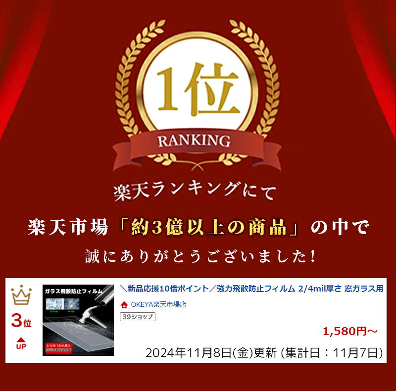 強力飛散防止フィルム 2 4mil厚さ 窓ガラス用 無色透明 防災フィルム UVカット 窓 シート 飛散防止シート ガラス飛散防 okeya-2020-10003409 OKEYA楽天市場店 サンプル画像2