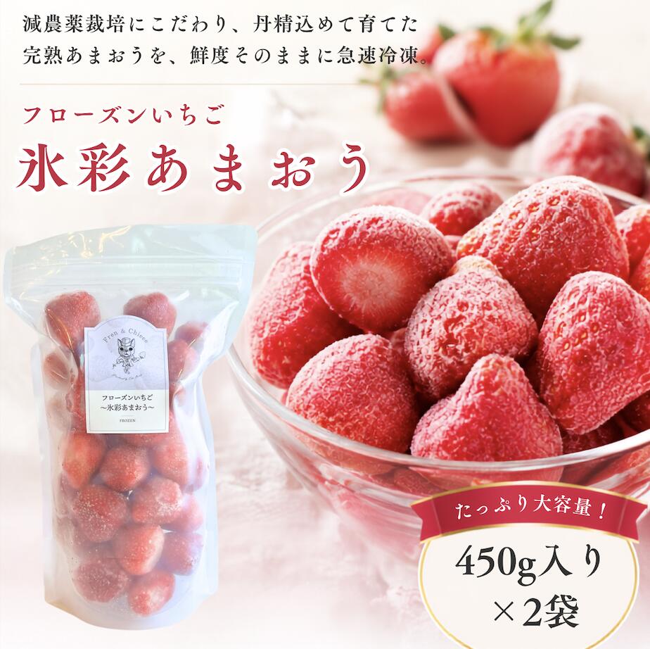【フローズンいちご　氷彩あまおう（450g入り x 2袋）】 新鮮なまま冷凍した極上あまおういちご。 お料理からスイーツまでアレンジ自在。 おおきベリーが減農薬栽培にこだわり、丹精込めて育てた完熟あまおういちごを鮮度そのままに急速冷凍。 その贅沢な一粒一粒は、お料理からスイーツまで自由自在にアレンジできます。 そのまま食べるのはもちろん、ドレッシングやソース、スムージー、ジャム、お菓子作りの材料としても大活躍。 日ごろの食卓を彩り豊かに。極上の美味しさをご家庭で存分にお楽しみください。 【内容量】 450g入り x 2袋 【賞味期限】 食品表示シールに記載（未開封時） 【保存方法】 冷凍保存 (-18℃以下) /開封後は密封して冷凍庫で保管してください/解凍後の再凍結はおやめください/開封後はお早めにお召し上がりください。 【食品表示上の表示】 名称：フローズンいちご～氷彩あまおう～ 産地：福岡県大木町 アレルギー：特定原材料等28品目は使用していません。 ※ 表示内容に関しては各事業者の指定に基づき掲載しており、一切の内容を保証するものではございません。 【発送温度帯】 冷凍 【おすすめの召し上がり方】 そのままお召し上がりいただけます（ヘタ取り済み）。 スムージー/ドレッシング/ソース/ジャム/アイスクリームなどにもおすすめです。