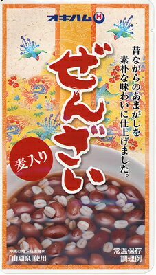 名称 金時豆と押麦の甘煮 内容量 180g 原材料 金時豆（国産）、砂糖、押麦、地下浸透海水、食塩／増粘剤（タマリンドガム） 賞味期限 製造日より1年 保存方法 直射日光を避け、常温で保存してください。 製造者 沖縄ハム総合食品株式会社／沖縄県読谷村 配送タイプぜんざい麦入り 昔ながらのあじわい「あまがし」 昔ながらのあまがしを、素朴な味わいに仕上げました。 大粒でやわらかな大正金時豆を使用しています。 冷蔵庫で冷やして、お茶碗に移してそのままお召し上がりください。 ◎沖縄風： 容器にぜんざい麦入りを冷やして入れ、上にカキ氷をかけてください。 ◎ホットの場合： 袋のままお湯に入れ、4−5分間温めて、容器に移して熱いうちに お召し上がりください。