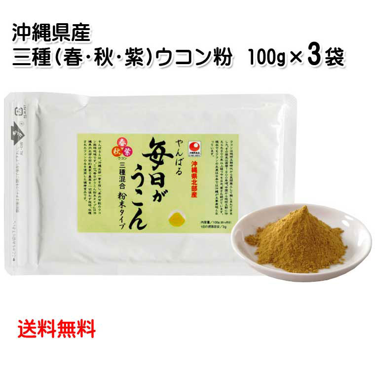 沖縄県北部産　やんばる毎日がウコン粉末 袋入り 100g×3袋 （秋ウコン・春ウコン・紫ウコン 3種ウコン）（メール便発送 送料無料）クルクミン ミネラル 1