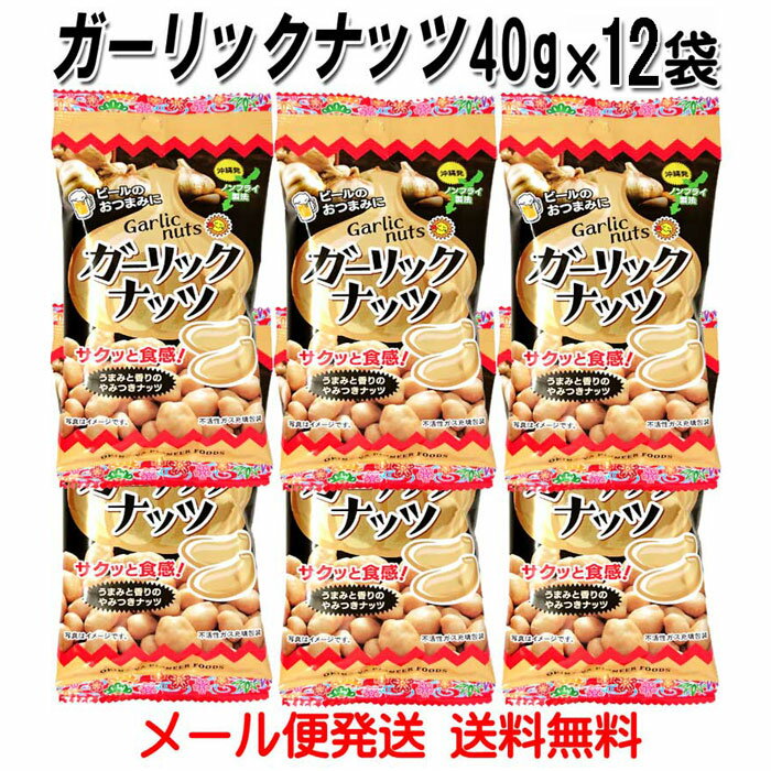 サクッと食感！うまみと香りのやみつきナッツビール・お酒のおつまみやおやつにピッタリのナッツです。 ***　商品情報　*** 原材料 落花生(アメリカ産)、寒梅粉、砂糖、小麦粉、水飴、デキストリン、ガーリック、食塩、でん粉、しょうゆ、ポークエキス、植物油脂、ぶどう糖／膨張剤、調味料（アミノ酸等）、(一部に小麦・落花生・豚肉・卵・大豆を含む) 内容量 40g×12袋 保存方法 直射日光・高温多湿を避けて保存してください。 配送形態 メール便発送・同梱不可