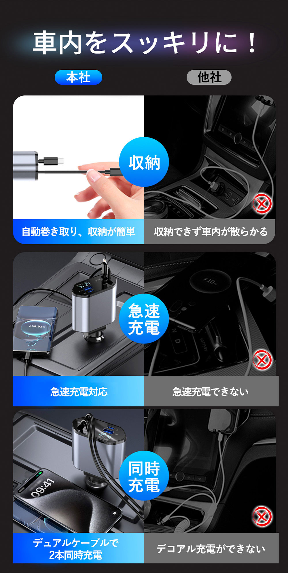 車載充電器 カーチャージャー 純正 車 充電器 巻き取り 巻き取り式充電器 ライトニ...