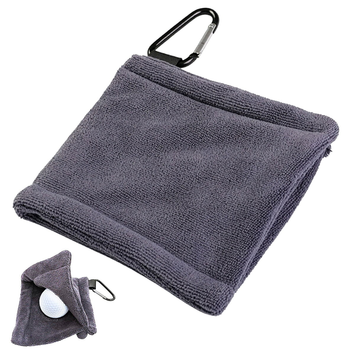 【全店限定7%OFF+次回10%OFFクーポン】ゴルフ ボールクリーナー グレー 1枚 約14×14cm マイクロファイバー ポケット型 タオル カラビナ付き