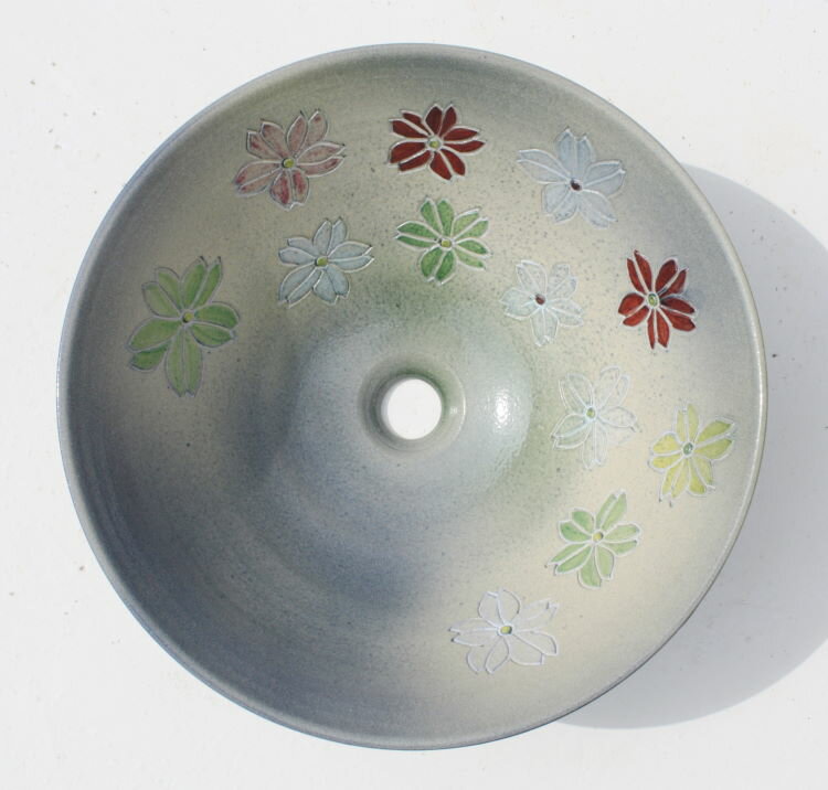 datta.沖縄南の島陶芸工房 |datta 洗面ボウル/紅型模様洗面鉢[大サイズ]NO-213/洗面ボウル・洗面器・手洗い鉢・手洗いボウル/花柄