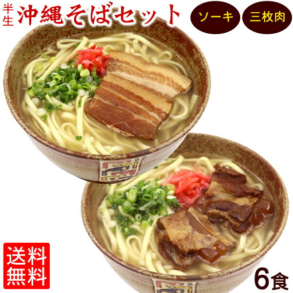 【送料無料】半生沖縄そば6食セット（ソーキ95g×3個、三枚肉65g×3個、そばだし22g×6袋、紅しょうが6袋）