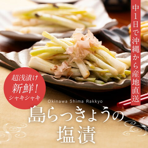 島らっきょう 塩漬け おつまみ のご紹介 【短い 島らっきょう でお届け中です！】 【2022 父の日 グルメ ギフト 早期 予約】がスタート！ お母さん 義母 父さん 義父 ご兄弟 家族 親戚 への プレゼント に大変 喜ばれる 人気 の オススメ グルメ ギフト をご紹介！ グルメな両親 義父 ご兄弟 家族 親戚 (50代 60代 70代)と幅広く喜んでもらえる 美味しくて、贅沢で豪華、健康を意識した プレゼント はいかがでしょうか？ 焼酎 や 日本酒 ビール などに合う 酒のつまみ 珍味などを集めたセットもご用意いたしました。 一緒に豪華な食事を楽しんでもよし、 感謝の気持ちが伝わる手書きのメッセージカードも 受付ていますので サプライズ にもおススメですよ。 焼酎 や 日本酒 ビール などに合う 酒のつまみ 肴 アテ などを集めた 食べごたえ のある おつまみ セットもご用意いたしました。 酒の大好きな おとうさん おかあさん にも喜んで頂けます。 【グルメ ギフト 早期 予約】がスタート！ お母さん 義母 父さん 義父 ご兄弟 家族 親戚 への プレゼント に大変 喜ばれる 人気 の オススメ グルメ ギフト をご紹介！ グルメな両親 義父 ご兄弟 家族 親戚 (50代 60代 70代)と幅広く喜んでもらえる 美味しくて、贅沢で豪華、健康を意識した プレゼント はいかがでしょうか？ 焼酎 や 日本酒 ビール などに合う 酒のつまみ 珍味などを集めたセットもご用意いたしました。 一緒に豪華な食事を楽しんでもよし、 感謝の気持ちが伝わる手書きのメッセージカードも 受付ていますので サプライズ にもおススメですよ。 焼酎 や 日本酒 ビール などに合う 酒のつまみ 肴 アテ などを集めた 食べごたえ のある おつまみ セットもご用意いたしました。 酒の大好きな おとうさん おかあさん にも喜んで頂けます。 島らっきょう塩漬は、沖縄県産(国産)の島らっきょうを ぬちまーす 塩 で 塩漬けした 美味しい高級 漬物 です。 浅漬け ですのでコリコリ、シャキシャキ食感がお楽しみいただける 沖縄グルメ です。 誕生日、バレンタイン、ホワイトデー、ひなまつり、ゴールデンウイーク 休み 長期休暇 の BBQクリスマスパーティー年末年始など特別な日の逸品、またお酒の肴 酒のつまみ(ビールや焼酎、日本酒)など相性抜群！ また、ご飯のお供にも島らっきょう 塩漬がおススメ！急な来客用や巣篭もり 常備品 保存食にもおすすめの 沖縄 大人気 美味しい おかず お 取り寄せ グルメです。 また、コロナ の影響で 家から出られない方や毎食のレシピに困っている方にもオススメの お取り寄せグルメ です。 お家 が簡単 に 居酒屋 に！ご飯のお供 やビール 家のみ おつまみのお供 無限おつまみ ∞ 無限 ネギ タマネギ がオススメ。 5000円 以内 3000円 以上 楽天総合ランキング1位！6部門1位を受賞した大人気島ラッキョウ 当店の 塩漬けラッキョウ は厳選した沖縄伊江島産ラッキョを使い、お陰様でリピーター続出中！ 止まらない、くせになる美味しさの 島 らっきょう のつけものです。絶品 美味しい おつまみ 芸能人 御用達の逸品 塩らっきょう です。 塩分が気になる方にもオススメ！ モンドセレクション9年連続「金賞」受賞したぬちマースはミネラル21種を含む体に優しいお塩。 塩分が体にたまらないお塩ですので、減塩でお探しの方などにもおススメ の 沖縄 お取り寄せグルメです。 お取り寄せ沖縄お土産ランキングも上位。 プレゼント、持ち寄りの逸品にもオススメ！ 島らっきょうは沖縄野菜(辣韮) ですので沖縄旅行や修学旅行の沖縄お土産におすすめです。 また、プレゼント、おつかいもの、お持たせにも大変好評です 芸能人おすすめグルメ。バーベキューなどパーティーなど持ち寄りの逸品にも沖縄特産品の島らっきょうはオススメの 美味しいおつまみ です。 島らっきょう 塩漬け おつまみ の詳細 【商品名】 島らっきょう 塩漬(浅漬)梅味 【内容量】 (250g/2〜3人前) ※島らっきょうシリーズは各種 真空パック 個包装です 【原材料】 沖縄県産(伊江島産)島らっきょう、沖縄産塩(ぬちまーす)、梅肉、果糖ぶどう糖液糖、味醂、かつお節、りんご、醸造酢、しそ、澱粉、醤油(大豆、小麦を含む)、食塩、酸味料、調味料(アミノ酸等)、赤色106号 【保存方法】 要冷蔵　冷蔵で1週間程度 ※お早めにお召し上がりください。 ※注意点 島らっきょうを長期間、袋のまま保存してしまいますとガスが発生してしまい袋がパンパンになってしまいますので、一旦タッパー入れて保存して下さい 島らっきょうの品質には問題ありませんのでご安心ください。 のし 名入れメッセージカード ギフト発送可能商品 のし(熨斗)・名入れ無料サービス 手書き メッセージカード 無料サービス ギフト箱は有料(100円) ラッピング 不可 ギフトやプレゼント(贈物)、沖縄土産やお使い物お持たせや 取り寄せ に！ 島らっきょう 塩漬は美味しい おかず おつまみにも大人気の商品です。いろいろなギフト（お歳暮 お中元 父の日　内祝い 誕生日）の贈り物や、手みやげ、家のみやクリスマスパーティーお正月など 幅広くお使いいただいております。 また、グルメな芸能人が美味しいとテレビで多数紹介、楽天ランキング1位を獲得した大人気の商品です。 沖縄お土産ランキングにも入る、おいしい沖縄特産野菜ですので、沖縄旅行や修学旅行の手土産など 食べ物 お 取り寄せ にもおすすめです。 ●ギフトやプレゼント(贈り物)にオススメ！ 母の日、父の日、敬老の日、誕生日、バレンタインデー、ホワイトデー、クリスマスなど、定番のギフトイベントこそ、 気の利いたプレゼントを贈ってみませんか。 大切な方への手土産・おみやげやお使いもの、お返し、お中元・お歳暮・お年賀・お年始などにも人気の取寄せ グルメです。 ●法人様にはゴルフ コンペの景品にもオススメ！ その他、粗品・贈答品・ご進物、開店祝い、栄転祝い、新築祝い、開店祝い、御礼・謝礼・松の葉・寸志・まつのは・餞別・お餞別・御餞別としてもご利用いただけます。 ●友人や親族の七五三祝いにもオススメ！ 入園祝い、進級祝い、入学祝い、卒業祝い、成人式のお祝い・長寿、福寿や還暦祝い・古希祝い・喜寿祝いといったセレモニーの御祝・御礼・内祝いなど祝儀の品としても最適です。 ●ご結婚式(ブライダル)での御祝い・結婚披露宴の引き出物に！ ウエディングパーティ−、2次会のプチギフト、結婚祝い・結婚内祝いをはじめ、 ご出産のギフト、ベビーギフト・出産祝い・出産内祝い・出産お返し・初節句祝いにもおススメです。 ●退院や入院時のお見舞いに！ 病気見舞い・災害見舞い・快気祝い・快気お返し・快気内祝い・暑中見舞い・暑中御伺・寒中見舞い・転居・退職・引っ越し、ご挨拶、お礼 心付け などにもどうぞ。 年忌法要など法事・法要・仏事・弔事などのシーンでも、御霊前・御香料・志・粗供養・香典返し（満中陰志）・御供え（お供え）・御供物・ 四十九日 法要にとお使い頂いております。 ●のし(熨斗)名入れなどサービス中 手書きメッセージカードなども対応いたします。 家飲みや、酒のつまみ、お正月、誕生日パーティー、おせち、晩酌の逸品にも！ 沖縄県産の島らっきょうを ぬちまーす 塩 で 塩漬けした 高級 おつけもの です。 浅漬け ですのでコリコリ、シャキシャキ食感がお楽しみいただけます。 友人や家族(祖父や祖母、叔父、叔母)大切な方との忘年会や新年会、Xmas、バースデイパーティー、家のみのおつまみなどにもおススメです。 特別な日やスペシャルな日の逸品、妻や旦那 様の誕生日やご褒美に！ 息子、娘とご一緒にクリスマスパーティー年末年始など特別な日の逸品にも！ またご飯のお供やお酒の肴(ビールや焼酎、日本酒)など相性抜群です。塩分が体にたまらないお塩ですので、塩分が気になる方にもおススメです。 沖縄厳選グルメ専門店山将がオススメする沖縄料理(琉球料理)漬け物をお楽しみ下さい。島らっきょう 塩漬 おつまみ 楽天ランキング26週連続1位受賞のシャキシャキ浅漬け島らっきょう塩漬け！ 手作業で丁寧に繊維質を取り除いているから、新鮮でおいしいところだけ！お酒のおつまみにも。