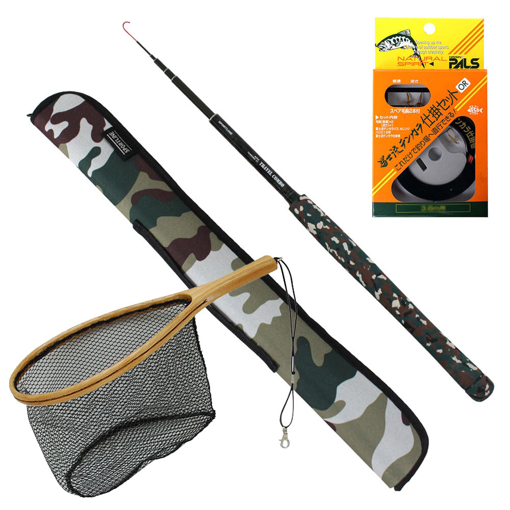 テンカラ フルセット スポーツライン TRAVEL COMBO TENKARA33 冨士流テンカラ仕掛セット 木製ラバーコーディングネット S (tenkaraset-02)｜テンカラ 竿 てんから ロッド アマゴ ヤマメ イワナ ニジマス 釣り キャンプ バッグ付 グローブライド