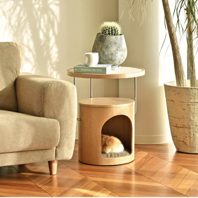 サイドテーブル 丸テーブル ナチュラル ペットハウス ねこ 木製 ナイトテーブル ミニテーブル 丸型 円..