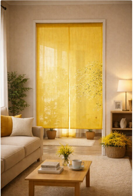 暖簾 のれん ミモザ柄 88×150cm 和風 和モダン 洋室対応 麻100％ 間仕切り おしゃれ 黄色 ナチュラル ..