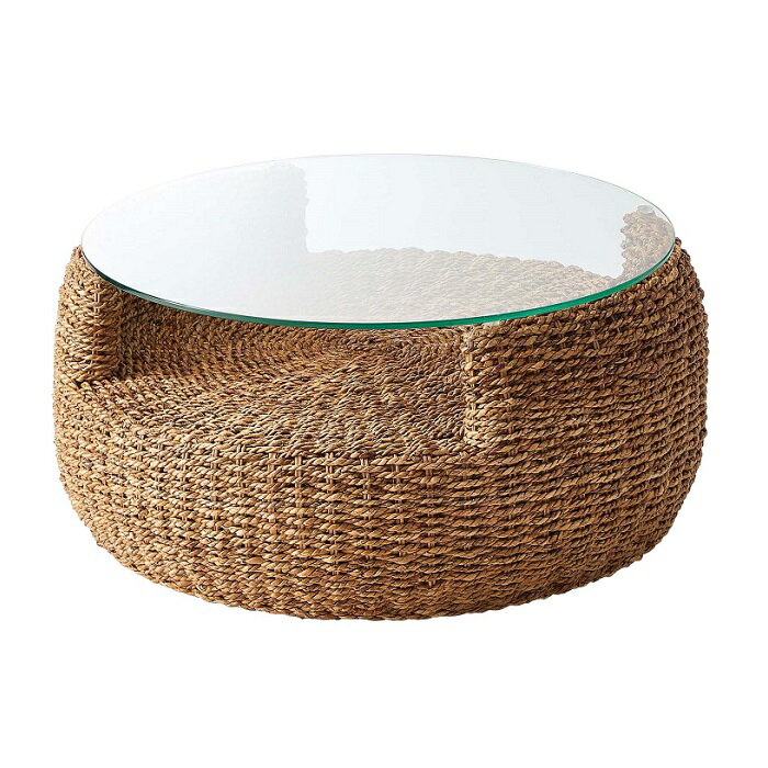 丸テーブル ガラステーブル センターテーブル 80cm ラタン アバカ 棚 リビングテーブル 丸 ラウンド ロ..