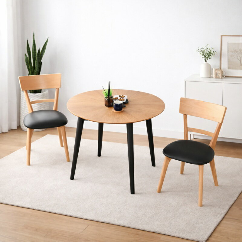 乐天商城 - ダイニングテーブルセット 90×90cm 丸テーブル 天然木突板 北欧モダン 円形 ダイニング3点セット 2人用 4人対応 木製 PVCチェア 上質 コンパクト 食卓セット ダイニングセット ダイニングテーブル ダイニングチェア 黒脚 リビング 北欧 おしゃれ