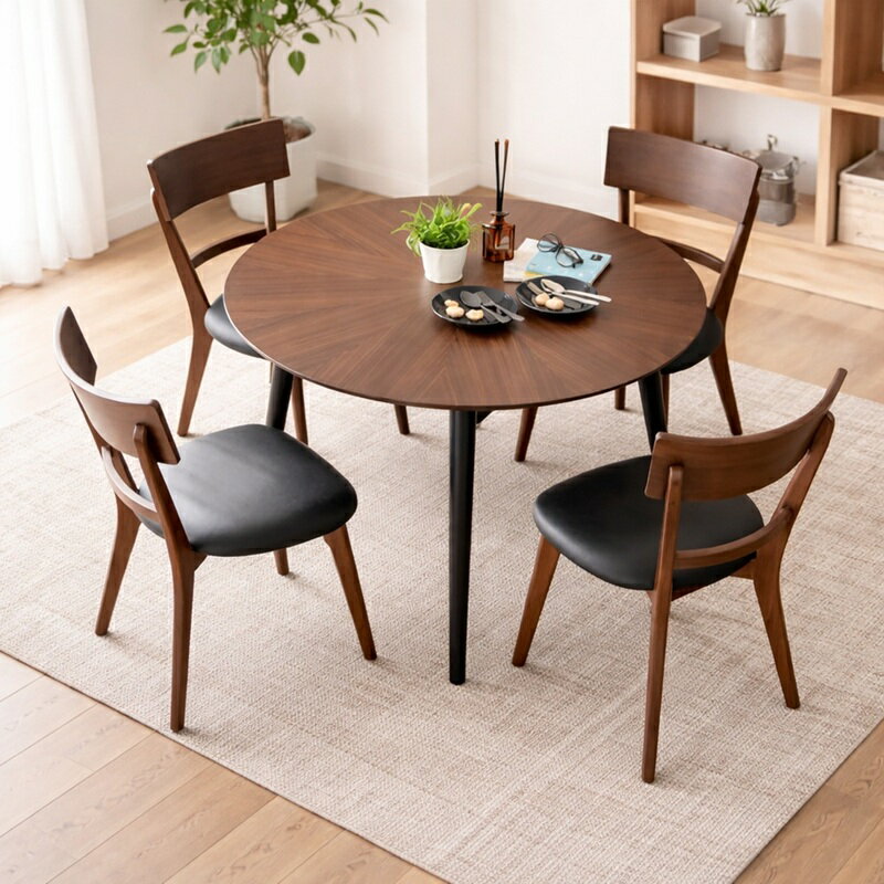 Rakuten - ダイニングテーブル 丸テーブル 110cm 円形 2人用 4人掛け 北欧 木製 ラウンドテーブル コンパクト 省スペース カフェ風 おしゃれ 食卓テーブル ウォールナット オーク 突板 ブラック脚