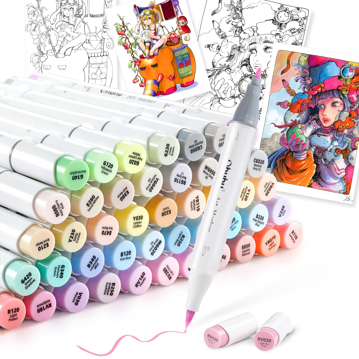 Ohuhu マーカーペン 筆タイプ 48色49本 プロ愛用 パステル イラスト イラストマーカー 筆・細字 ブレンダーペン1本付き Honolulu B シリーズのサムネイル