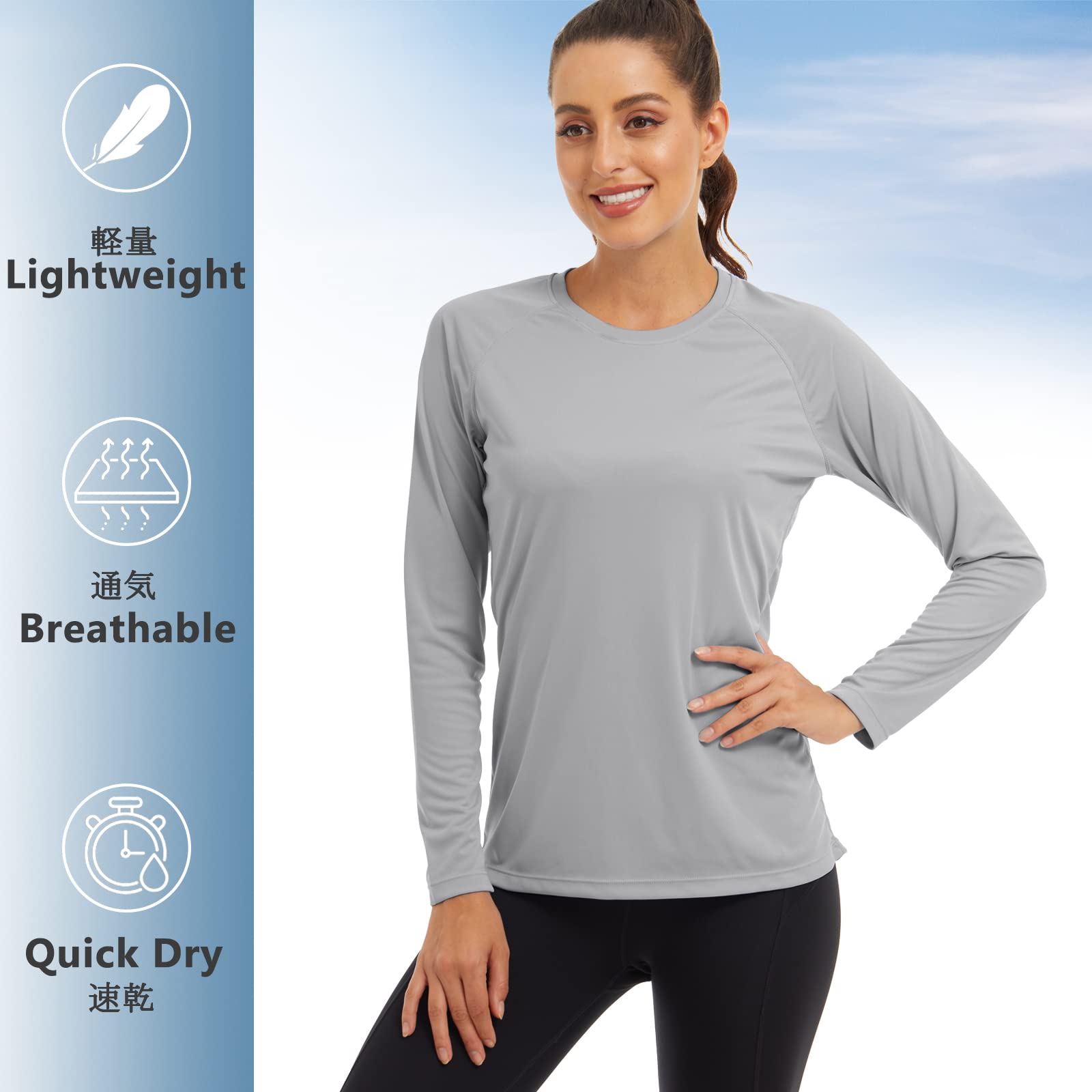 [KEFITEVD] 長袖tシャツ レディース UVカット tシャツ トレーニング トップス ヨガシャツ アウトドア ラッシュガード 冷感 tシャツ 柔らかい 灰 ライトグレー L