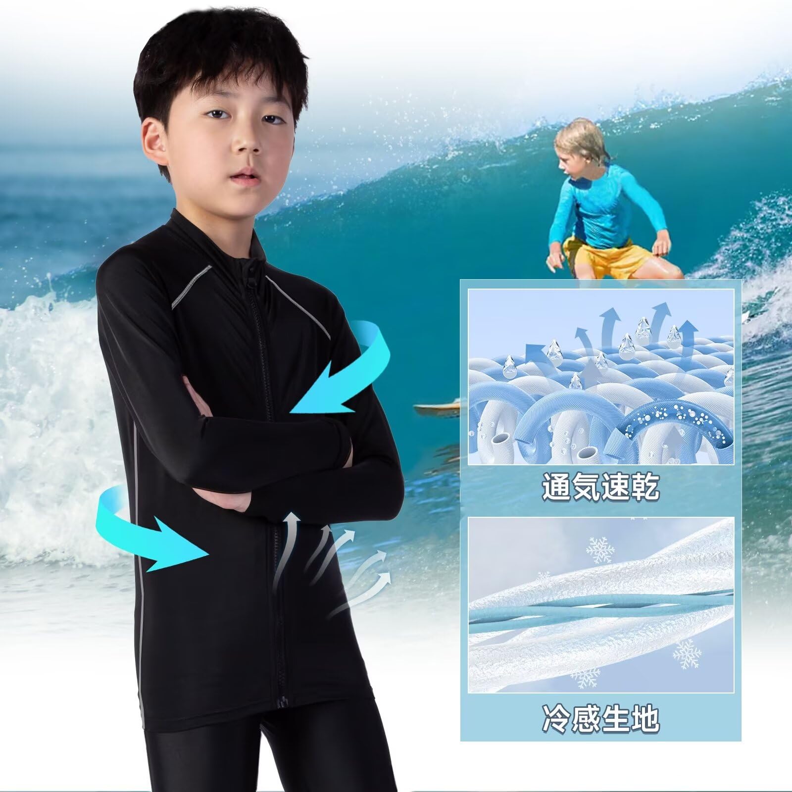 [Sillictor] ラッシュガード キッズ スクール 水着 長袖 フードなし ジップアップ 学校用 子供 ラッシュ パーカー 水陸両用 スイムウェア スポーツ スイム 男女兼用 [UVカット・冷感速乾] yc1161blk-gr-150