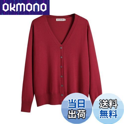 【送料無料】[Blostirno] カーディガン レディース Vネック ニット 綿 無地 厚手 オフィス ゆったり 春秋 (レッド, L)