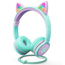 FosPower 子供用ヘッドフォン LEDライトアップ 猫耳付き 3.5mm オーディオヘッドホン もつれ防止ケーブル(最大85dB) - ティール/ライトパ...