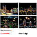 LIANHATA スクラッチアート 4枚入 スクラッチ極細ペン付き 21*29cm A4サイズ スクラッチペーパー レインボー絵 夜景 花火 観覧車 花畑 彫刻...