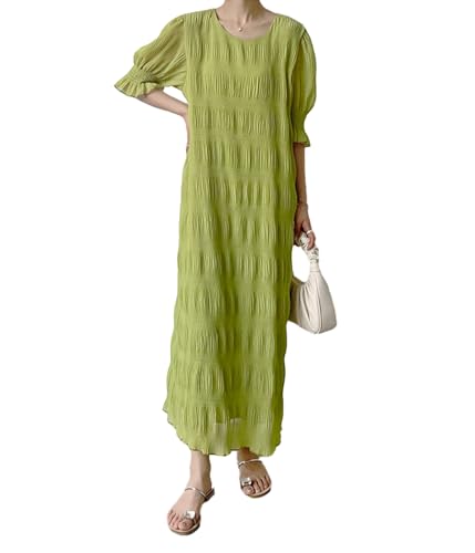 【送料無料】[SIPERLARI] ワンピース レディース 夏 半袖 着痩せ ロング マキシ シフォン プリーツ パフスリーブ 裏地付き 体型カバー 大きいサイズ 薄くて軽い 無地 可愛い 不透明な お洒落 旅行 森ガール 新5色入