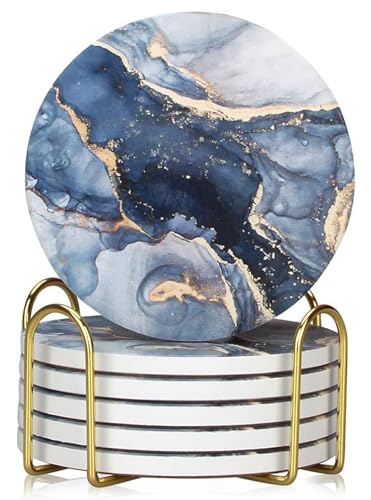 【送料無料】HUACHENG コースター おしゃれ 6個セット セラミック製 大理石模様 耐熱 保護コルク裏面 マグ お茶パッド カップマット 吸水 速乾 断熱 滑り止め 家庭用 オフィス用 ボヘミアン風 丸型 ホルダー付き