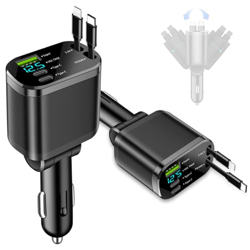 【送料無料】車 充電器 シガーソケット USB【巻き取り式】カーチャージャー 5in1 車載充電器 巻き取り式ケーブル Type-C100W/20W急速充電 5台同時充 電 iPhone16/15/14/13/12 Galaxy S22/S21 UItra Xperia iPad AQUOSなど LED表示電圧 DC12-24V車対応