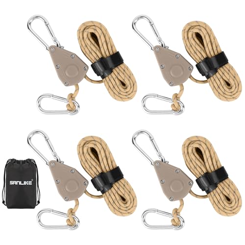 【送料無料】SANLIKE ロープラチェット 調節可能 使いやすい ラチェット式 ロープ プーリー付きキャンプ＆タープコード 調節可能反射ロープ 多用途キャンプロープ テント固定用高耐久ガイライン カラビナ アウトドア カヤック ハイキング 締付固定 引越し 運搬用など 4色