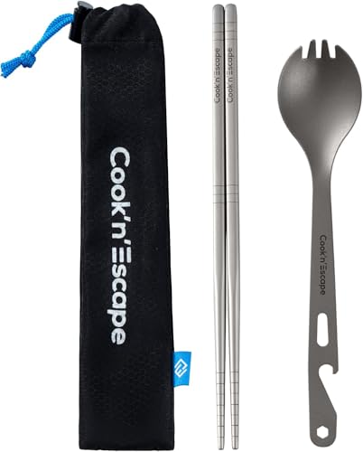 【送料無料】COOK'N'ESCAPE チタン カトラリーセット スプーン フォーク ナイフ 箸 多機能 コンパクト 頑丈 メッシュ収納袋付き 食器セット 純チ...