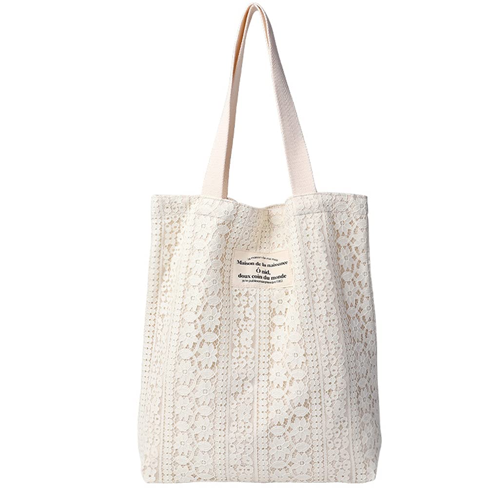 【送料無料】[Sueeya] （スイーヤ） トート バッグ レディース レース キャンバス ショルダー 2way 肩掛け 可愛い シンプル 軽量 おしゃれ シート 裏地付き 収納可能 ポケット ファッション 通勤 通学 色：ライトベージュ、サイズ：Free Size