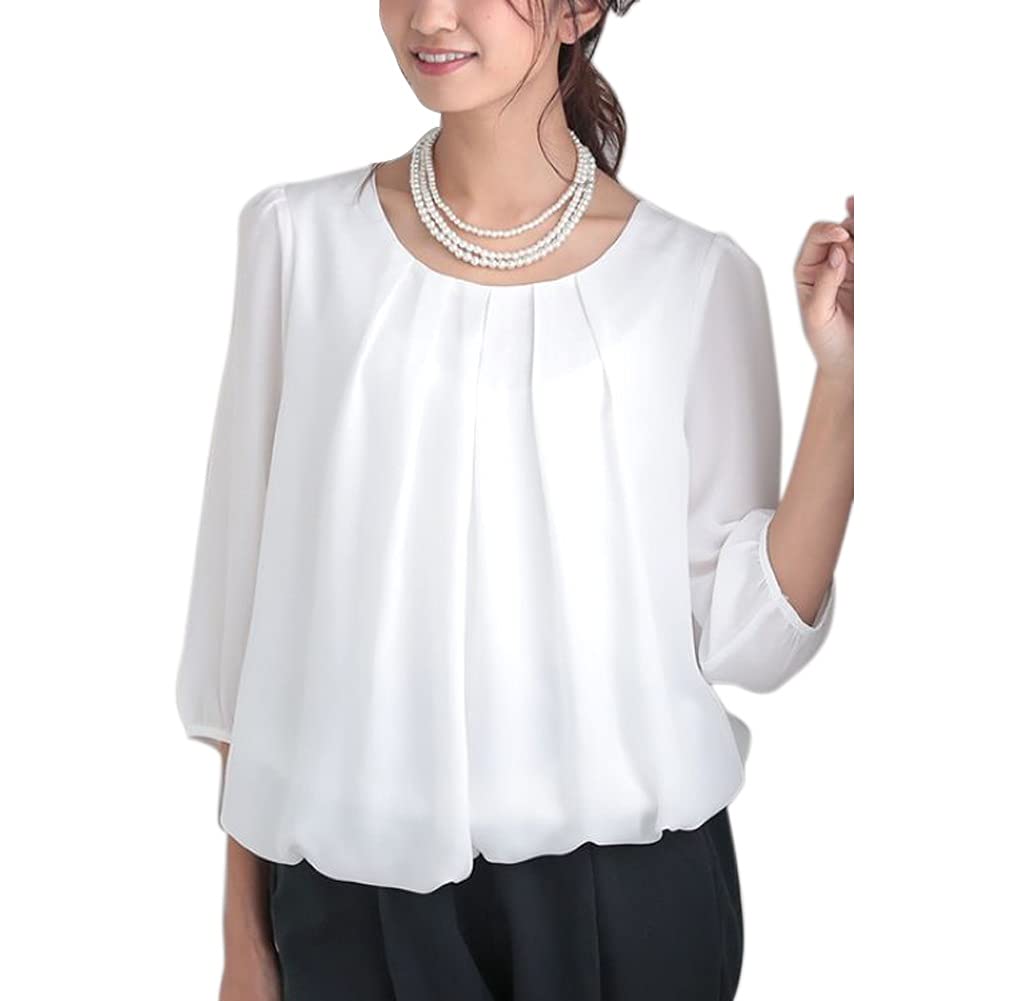 【送料無料】ブラウス レディース フォーマル バルーン オフィス カジュアル スーツ インナーブラウス シフォン 天竺 フロントタック 七分袖 無地 クルーネック ふんわり ビジネス 入学式 入園 卒業 卒園 七五三 白 母 ママ 色：ホワイト、サイズ：L