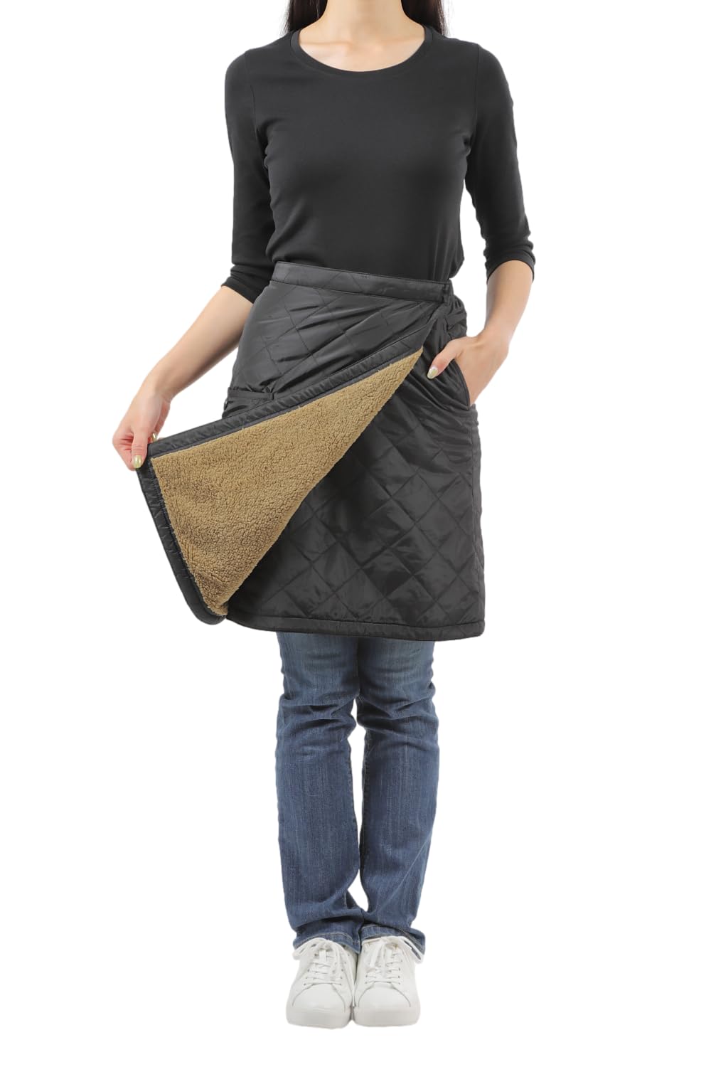 【送料無料】[onion cross] 巻きスカート 防寒 ラップ キルティング 裏ボア 中綿 レディース 3way 腰巻き 大きいサイズ あったか 暖か 冬 膝丈 山ガール アウトドア 色：ブラック、サイズ：M